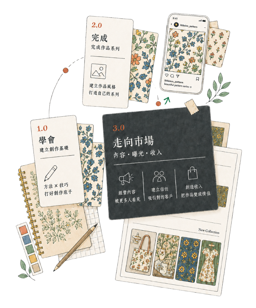 印花學院三階段成長路徑：1.0 學會、2.0 完成、3.0 走向市場
